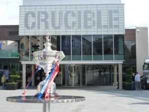 The World Snooker Trophy in front of The Crucible