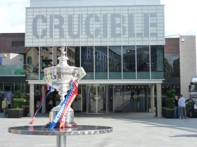 The World Snooker Trophy in front of The Crucible